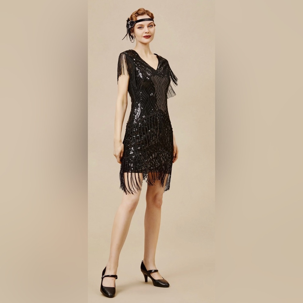 Chic Black Sequin Fringe Flapper Mini Dress